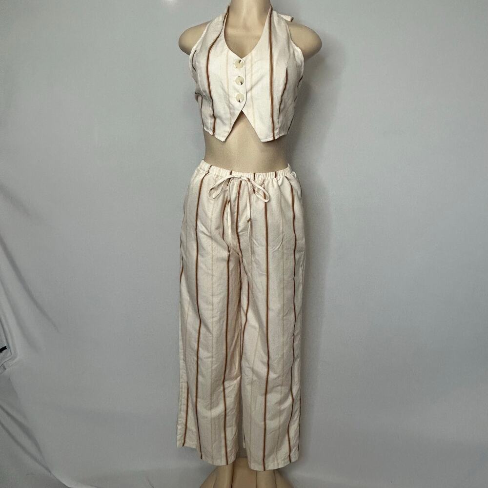 SHEIN 2-Piece Halter Crop Top & Wide Leg Pants Set Women’s Medium Cream Stripe